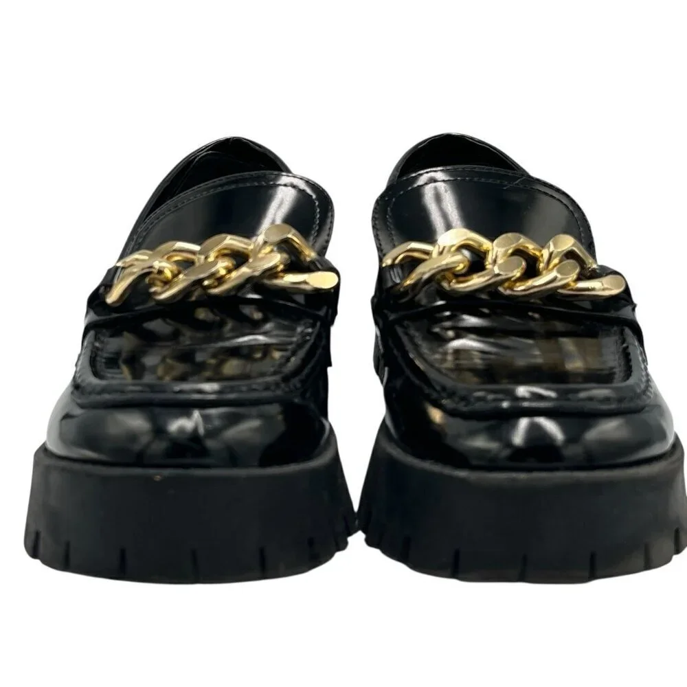 GUESS Womens 8.5 M Hillford Chunky Black Patent Leather Platform Loafer Lug Sole
